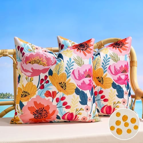 Kissenbezug Rosa Gelb Blume Outdoor Wasserdicht Kissenbezüge 40x40 cm Pillow Cover Sofakissen Couchkissen Dekokissen Zierkissenbezug Deko Frühling für Sofa Couch Schlafzimmer Wohnzimmer 2er Set