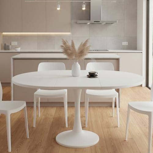 Aislinglen Runder Esstisch Ausziehbar, 100/140x100x75cm Elliptischer Esstisch Holztisch für 2-8 Personen, Kaffeetisch Tisch für Abendessen Wohnzimmer Esszimmer (Ganz weiß)