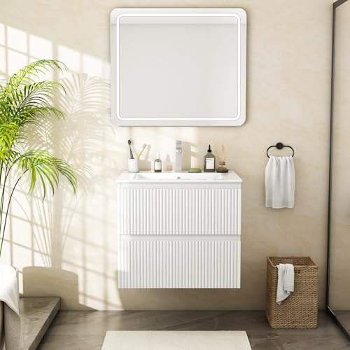 Wumagin Meuble Salle de Bain avec Vasque 60 cm, Meuble sous Vasque Suspendu avec 2 Tiroirs, Lavabo Céramique, Façade à Rainures Modernes pour WC Invités et Petites Salles d'eau, Blanc