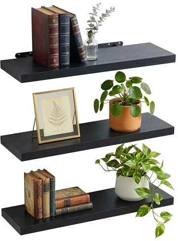 Relaxdays Wandregal, 3er Set, HBT: 4 x 100 x 23 cm, Holzoptik, Metall, Wandbretter für Wohnzimmer, Flur, Küche, schwarz
