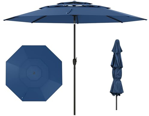 TANGZON 3M Garden Parasol with 3-Tier Vented Canopy, Polyester Fabric, Tilt & Crank System, 8 Ribs, UV Protection, Windproof Patio Umbrella for Garden, Decking, Poolside (Navy Blue)