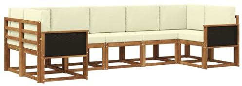 vidaXL Outdoor-Sofagarnitur 7 pcs Natur und Creme Massivholz Akazie, Garten-Sofa-Set, modernes Outdoor-Modular, Patio-Sitzgruppe, Akazienholz-Möbel, Lounge für den Hinterhof
