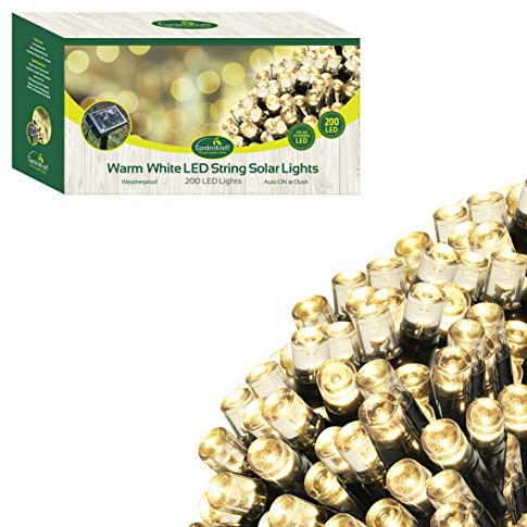 GardenKraft 17610 200 Warm White Solar Powered Outdoor LED String Lights / 19.9m Coverage / IP44 Weatherproof / Auto-On / Garden, Weddings, BBQs, Parties
