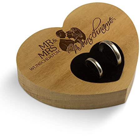 Kartenmachen.de Hochzeit Ringkissen Herz Ringhalter individuell Namen 10 x 8,5 cm Garapa Holz - Mr & Mrs