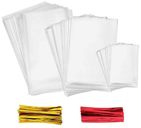 INTVN Cellophan Taschen 300 Stück Mehrere Größen Klar Cello Taschen mit 300 Stück Twist Krawatten 2 Farben für Transparente Süßigkeitentüten für Bonbons, Schokolade