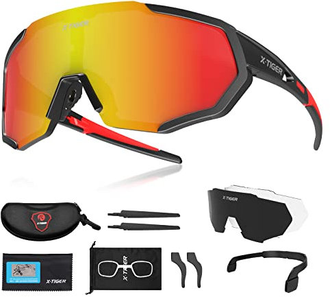 X-TIGER Radbrille Polarized Sonnenbrille Tr90 Superlight Frame mit 3 oder 5 Wechselgläsern UV400-Schutz für Herren und Damen,zum Radfahren Skifahren Autofahren Fischen Laufen Wandern Sport