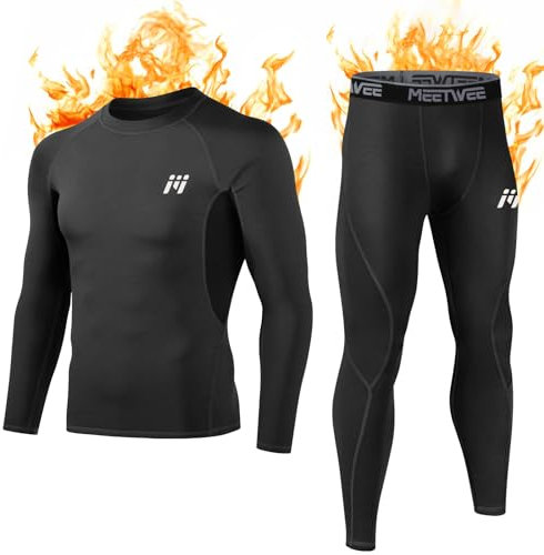 MEETWEE Thermounterwäsche Funktionsunterwäsche Herren, Skiunterwäsche Winter Suit Atmungsaktiv Lange Thermo Unterwäsche Set Thermowäsche Unterhemd + Unterhose, Schwarz, M
