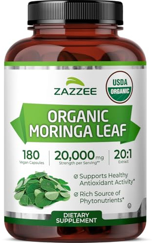 Zazzee USDA Organic Moringa Leaf 20:1 Extract, 180 Vegan Capsules, 3 Month Supply, Certified Kosher, Moringa Oleifera, Antioxidant, Immune & Cellular Support, Superfood Supplement, Made in the USA