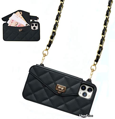 UnnFiko Wallet Case Compatible with iPhone, Cute Light Luxury Bag Design, Purse Flip Card Pouch Cover Soft Silicone Case with Handstrap Long Shoulder Strap (New iPhone 11 Pro, Black)