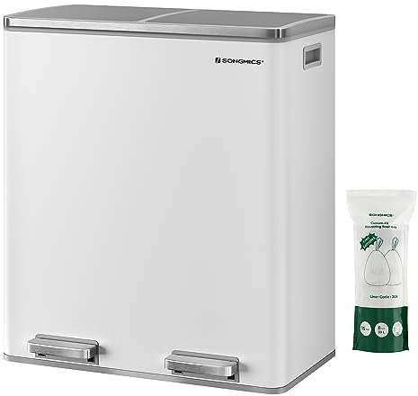 SONGMICS Trash Can, 2 x 8 Gallon (2 x 30 L) Garbage Can for Kitchen, with 15 Trash Bags, 2 Compartments, Plastic Inner Buckets and Hinged Lids, Airtight, White and Gray ULTB60WT
