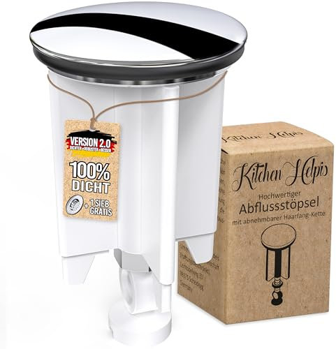 Kitchen Helpis® Bonde Universelle pour évier, bonde de 40mm avec Chaine Attrape-Cheveux, bonde évier, bonde évier Contre Les Mauvaises odeurs, bonde lavabo Inoxydable, bonde de lavabo, Blanc