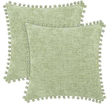 CaliTime Kissenbezüge, gemütlich, einfarbig, weich, Chenille, mit Pompons, für Couch, Sofa, Heimdekoration, 45 cm x 45 cm, Salbei, 2 Stück