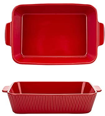 QINGGANGLING999 Teglie da Forno Piatto da Forno in Ceramica 47oz □ Porcellana Rettangolare Roma Pilastro Bakeware per Verdure, Lasagna, Casseruola, Pollo, Brownies - Set di 2, Rosso Teglie