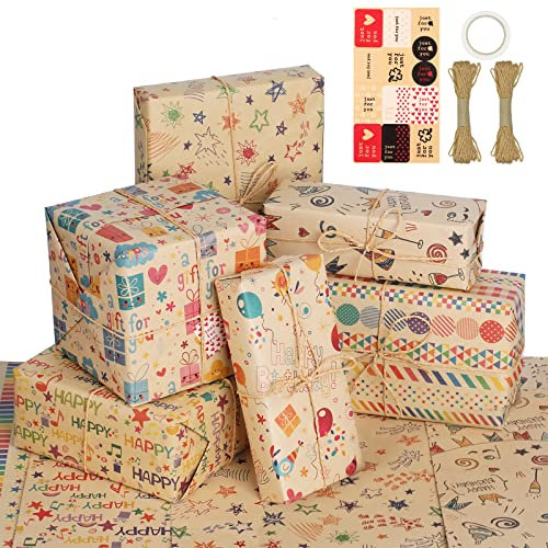 Simpeak Geschenkpapier, Geschenkpapier Geburtstag Kinder mit Aufkleber Seil Klebeband, Geschenkpapier für Jahrestag Valentinstag Muttertag Weihnachten (70 * 50 cm)