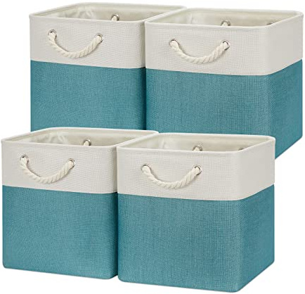 Temary Cubes Storage Baskets 12 Inch Cube Storage Bins for Shelf, Fabric Storage Cubes for Gift Empty Toy Baskets for Kids, Collapsable Box Baskets for Storage (White&Teal)