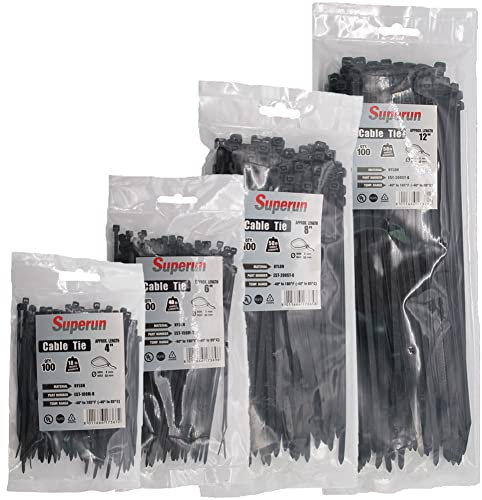 Superun 400 Packs Black Zip Ties Assorted Sizes 4+6+8+12 Inch Wire Ties, Heavy Duty Cable Ties Set - Zipties Variety Pack