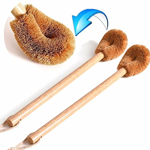 2 Pack Wooden Handle Toilet Brush, Natural Coconut Fibre Brush Head Cotton Lanyard Bathroom Cleaning Brush