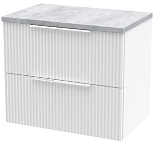 Hudson Reed DFF193LBG Fluted Modern Bathroom Wall Hung 2 Drawer Vanity Unit with Bellato Grey Laminate Worktop, 600mm, Satin White