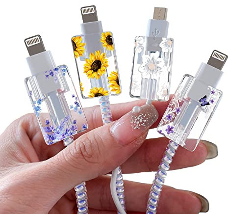 DiyGody Flower Floral Cable Protector for iPhone Charger,Cute Lavender Sunflower Lace Blossom Pattern 4 pcs Set Cable Protector,Charging Cord Protector,Cable Chomper,Charger Saver (Lightning Cable)