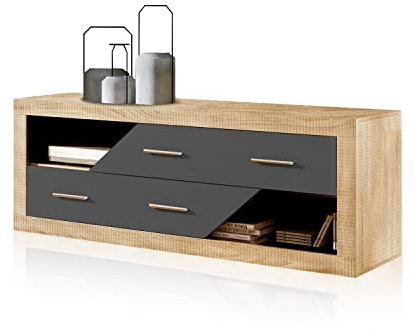 duehome | Salon Modular, Módulo Bajo con 2 Puertas, Composicion Salon por Piezas, Modelo Nuka, Acabado en Gris Grafito y Cambria, Medidas: 130 cm (Largo) x 41,4 cm (Fondo) x 50 cm (Alto)
