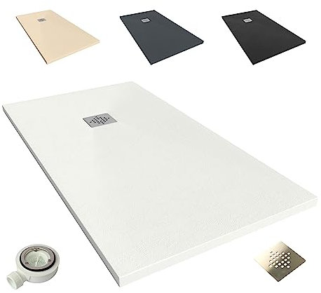 NEBADOON | Plato de Ducha de Modelo Roma II – Plato Ducha Resina con Textura Pizarra - Antideslizante y Antibacteriano – Blanco (RAL 9003) 80x120 cm – Incluye Válvula Desagüe y Rejilla