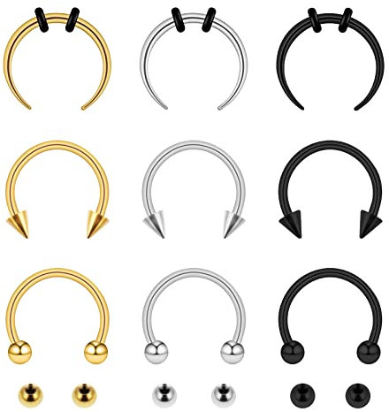 Yolev 9 Piezas Piercing Septum Acero Quirurgico para la Nariz Joyería para Hombre Nose Piercing Nariz Aro Mujer Pendientes de Herradura Anillo para Labios de Plata Negro Oro Anillo Espaciador Joyería