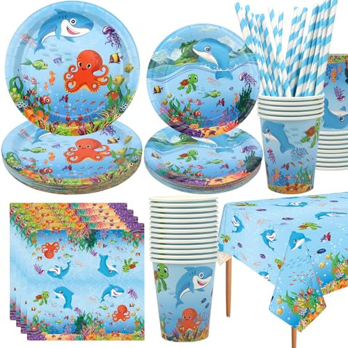 LSJDEER Under The Sea Party Supplies – Ocean Sea Partygeschirr – Speiseteller, Dessertteller, Servietten, Tischdecke, Strohhalme für Unterwasserwelt-Geburtstagsparty-Dekorationen, für 20 Personen