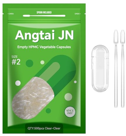 Angtai JN Gélules Vides Végétales à Remplir Taille 2 (500 unités) Capsule Vide avec Micro Cuillère,Certifié Casher,Halal,Empty Capsules Compatible avec la Machine de Remplissage de Capsule 2
