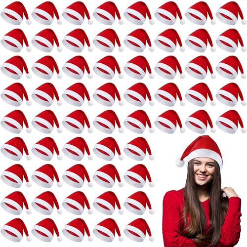 Shojoy 60 Stück Weihnachtsmütze, Rote Nikolausmütze Weihnachtshut Weiche Weihnachtshaube für Erwachsene Familie Weihnachtsfeier Spiel