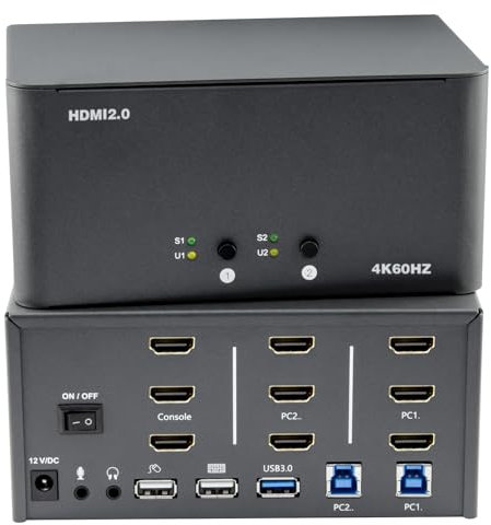 KVM Switch 3 Monitore 2 Computer, HDMI 4K@60Hz KVM Switch mit USB 3.0, 2 Computer teilen sich einen Satz Tastatur, Maus und Monitore, unterstützt Windows/Mac/Linux (HM-KVM2-3)