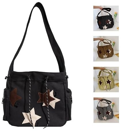 Y2K Star Canvas Messenger Bag, niedliche Tragetasche, ästhetisch, kleine Schultertasche, Reise-Crossbody-Tasche für Damen, Schwarz, 14.5x6.6x12.2 inches
