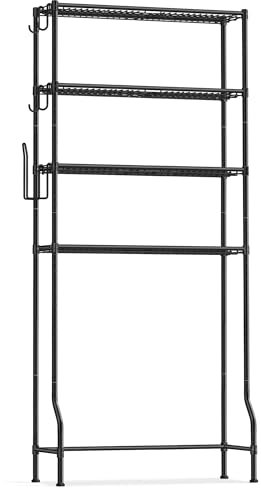 SONGMICS Scaffale sopra WC a 4 Ripiani, Scaffale da Bagno in Metallo, Ripiani Regolabili, con 4 Ganci e Portarotolo, Salvaspazio, 30 x 83 x 176 cm, Nero BTS023B01