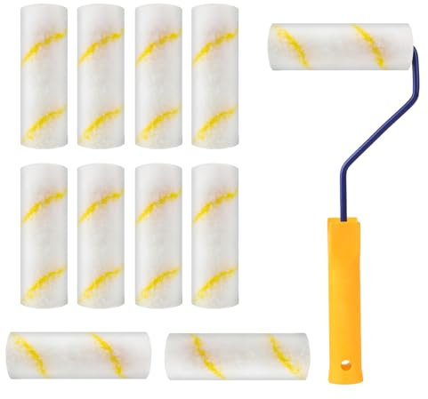 4 inch Paint Roller Sleeves, 10 Mini Microfibre Paint Rollers and Frame, Paint Roller Set, Professional Rollers for Painting Walls and Ceilings, for Smooth Finish Gloss Satin Varnish Emulsion Paint