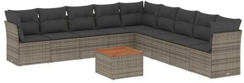 vidaXL Garten Sofa Garnitur 10-TLG., Gartenmöbel Set mit Kissen, Sitzgruppe für Garten Terrasse, Modular Gartensofa Lounge Tisch, Grau Poly Rattan