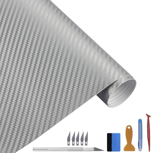 Carbon Autofolie Matt Silber Mit Einbauwerkzeug, 30 x 300 cm Selbstklebend 3D Car Wrapping Blasenfrei Vinyl Folie, Carbonfolie Lackschutzfolien für Auto Motorrad DIY