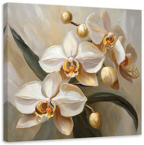 Feeby Leinwandbilder - Deko Bilder - Beige Blumen Orchideen - Canvas 30x30 1tlg- Wandbilder Schlafzimmer - Aesthetic Room Decor - Modern Wanddeko - Bild auf Leinwand - Fertig Gespannd