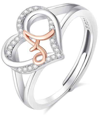 INFUSEU Bague Initiale Femme, Argent Sterling 925 Coeur Anneau Ouvert Lettre A Forme Initial Prénom Alphabet Ajustable Bijoux Personnalisable Cadeaux pour Femme