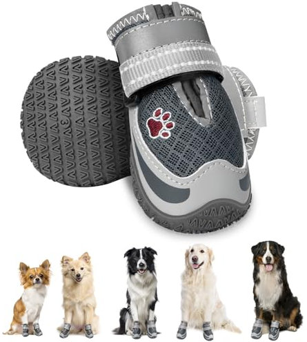 Eyein 2 Stück Hundeschuhe, Masche Atmungsaktiv Hundeschuhe Pfotenschutz mit Rutschfester Sohle für heiße Sommerböden, Reflektierende Hundeschuhe für nächtliche Spaziergänge im Freien, Grau, Größe 7