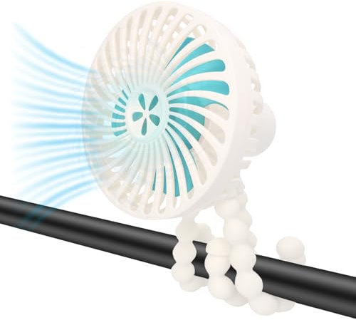 wyewye Stroller Fan, Mini Portable Pram Fan with Flexible Tripod Clip on for Baby, Rechargeable and Battery Operated Handheld Cooling Fan for Car Seat Crib Travel White