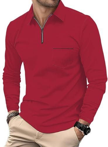 HMIYA Herren Poloshirt-Langarm Poloshirt aus Baumwolle Atmungsaktiv Casual T-Shirt mit Tasche,Rot,L