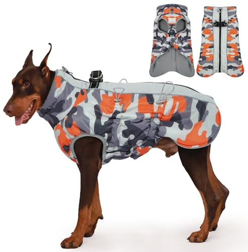 Katzinst Hundejacke Grosse Hunde, Ärmellose Wasserbeständig Schneemantel Hund, Hundemantel mit Bauchschutz, Fleecekragen Hundemantel Gefüttert für Große Hunde, Deutsche Dogge, Orange, 3XL