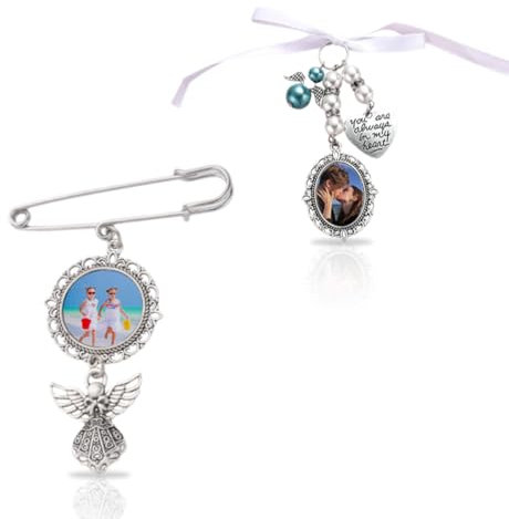 EIHI 2 Stück Memorial Anhänger Brautstrauß Brosche Hochzeitsstrauß Foto Glamour DIY Ansteckbrosche Kit Einzelner Spitzenrahmen Hochzeit Glamour