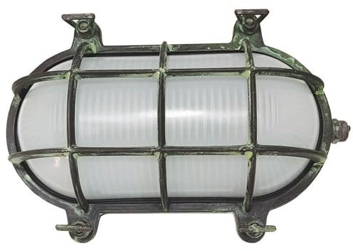 Außenleuchte Messing Riffelglas 24 cm breit länglich IP64 Grün Antik Außenlampe E27 Maritim Wandlampe außen Balkon Außenwandleuchte Terrasse