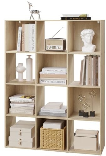 eSituro Bücherregal mit 12 Fächern, freistehendes Würfelregal, Raumteiler Regal offen, Standregal modern, für Wohnzimmer, Kinderzimmer, Büro, Schlafzimmer, 91x120x29 cm, helle Eiche