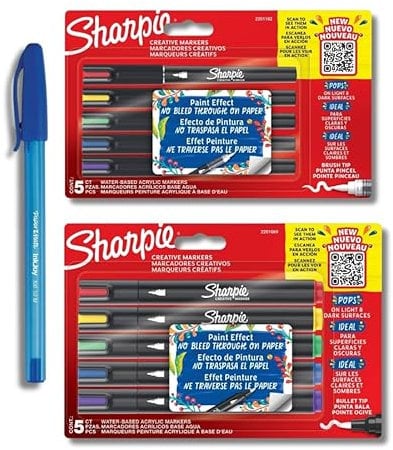 Sharpie Creative Marker Acrylic Paint Pens | Water-Based Paint Markers | No-Bleed Ink Writes on Most Surfaces| Brush Tip & Bullet Tip | 2 x 5 Count + PaperMate Pen Gift