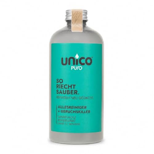 unicopuro® Allesreiniger Konzentrat 500 ml Sandelholz – ergiebiger Universalreiniger & Geruchskiller mit Mikroben – ergibt 5 Liter Reiniger – biologisch abbaubar, kennzeichnungsfrei, 8 Signature Düfte