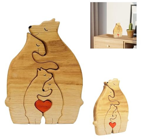 VARKAGE Personalisiertes Holzkunstpuzzle der Bärenfamilie, Holz Bär Skulpturen Desktop Tischdekoration Haus Dekor Ornament, Weinachtes Geschenke für Familie, Holzpuzzle für Mama, Papa