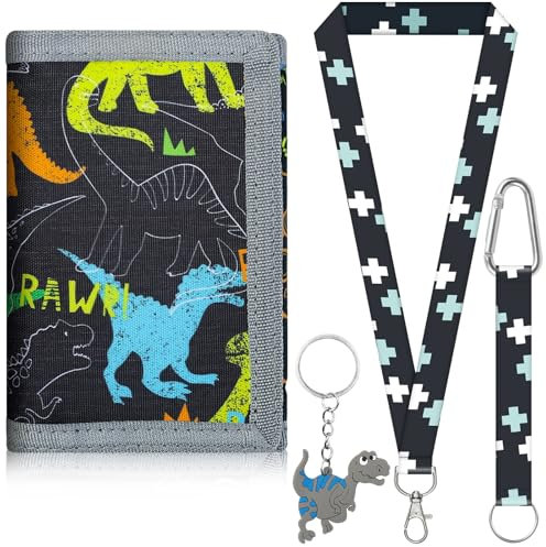 YNOYMO Geldbeutel Portmonee Brustbeutel Kinder Portemonnaie Jungen Geldbörse Reißverschluss Faltbare Dreifache Geldtasche Kleingeld Münzbörse für Geldbeutel Jungen Mädchen Schwarz (Dinos)