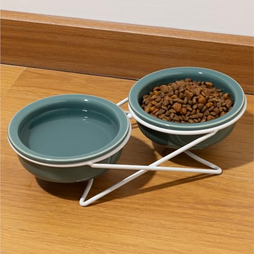 Navaris Raised Cat Bowls - Ceramic with Metal Stand, Set of 2 - Dog, Cat & Kitten Elevated Pet Dish for Comfortable Feeding - Water and Food Bowl Ideal for Kittens, Cats, and Dogs