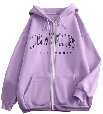 Generisch 2025 - Sudadera con capucha de moda para mujer con estampado de letras, cremallera, manga larga, bolsillo, cordón, sudadera con capucha deportiva casual (7) Y suéter, Color lila claro., M